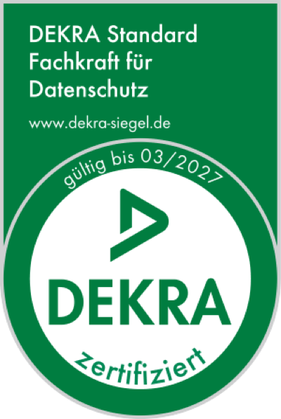 DEKRA-Siegel: Fachkraft für Datenschutz, zertifiziert, gültig bis 03/2027