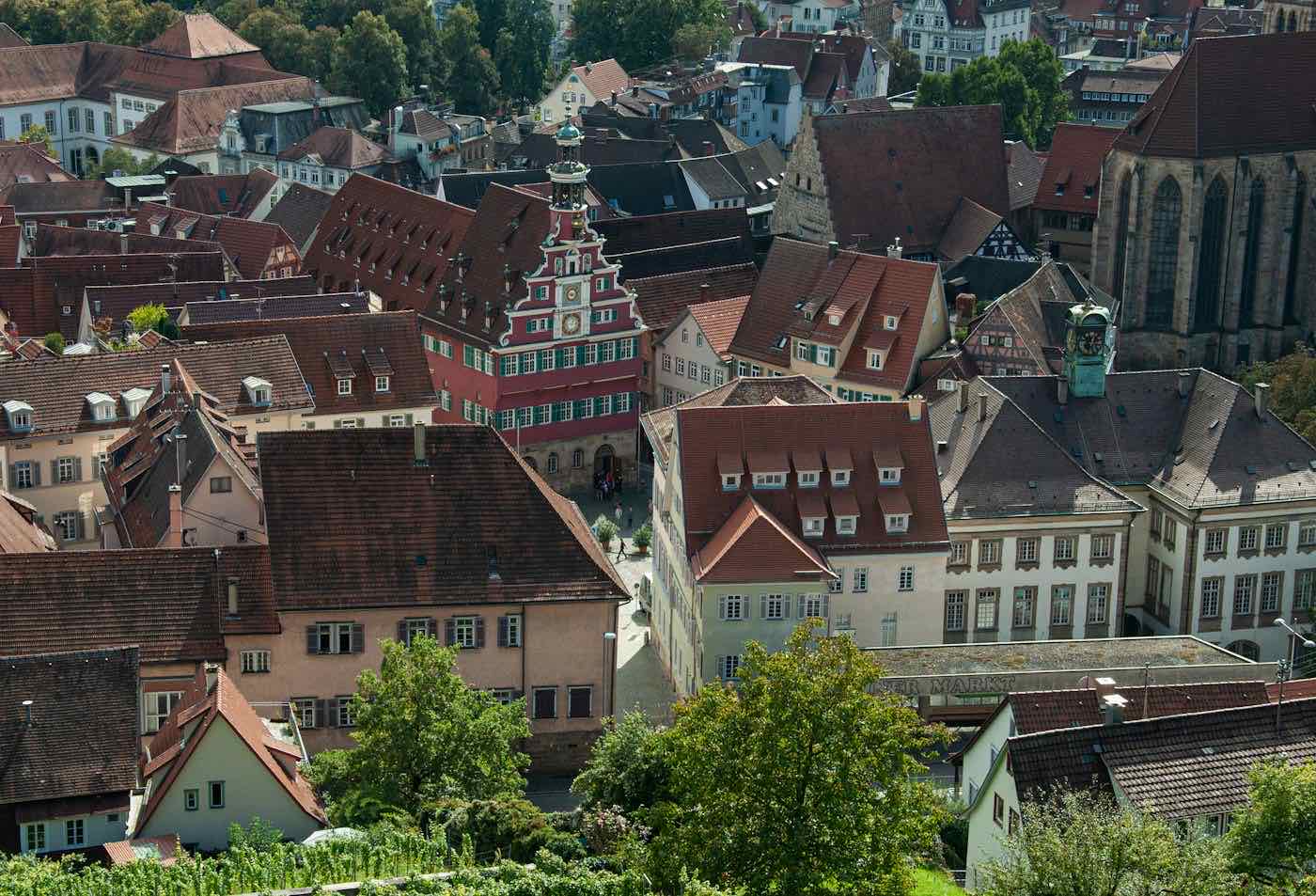 Dächer einer Altstadt mit Rathaus, Informationssicherheit für Kommunen