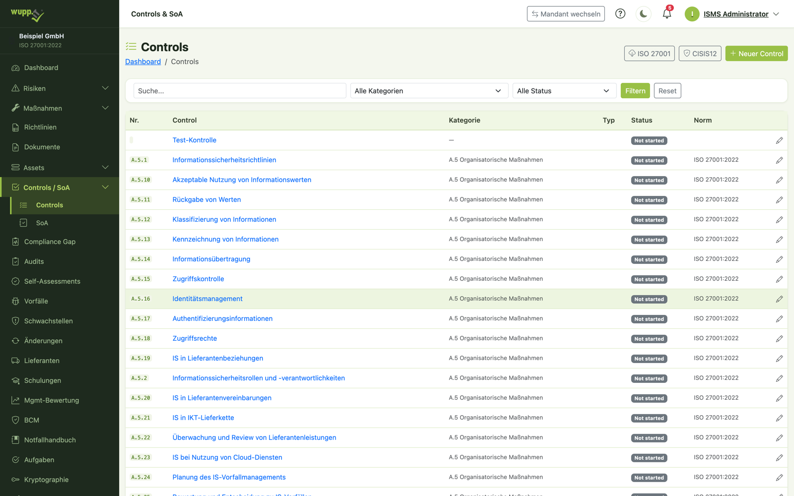 ISMS-Screenshot: Controls nach ISO 27001:2022