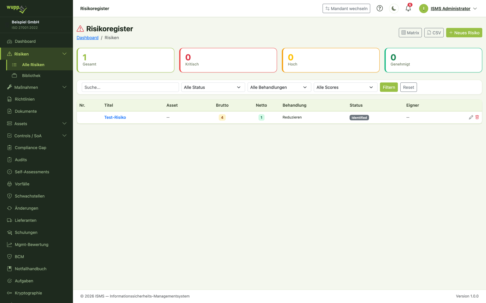 Risikoregister im ISMS mit Brutto-/Netto-Bewertung und Behandlungsstatus