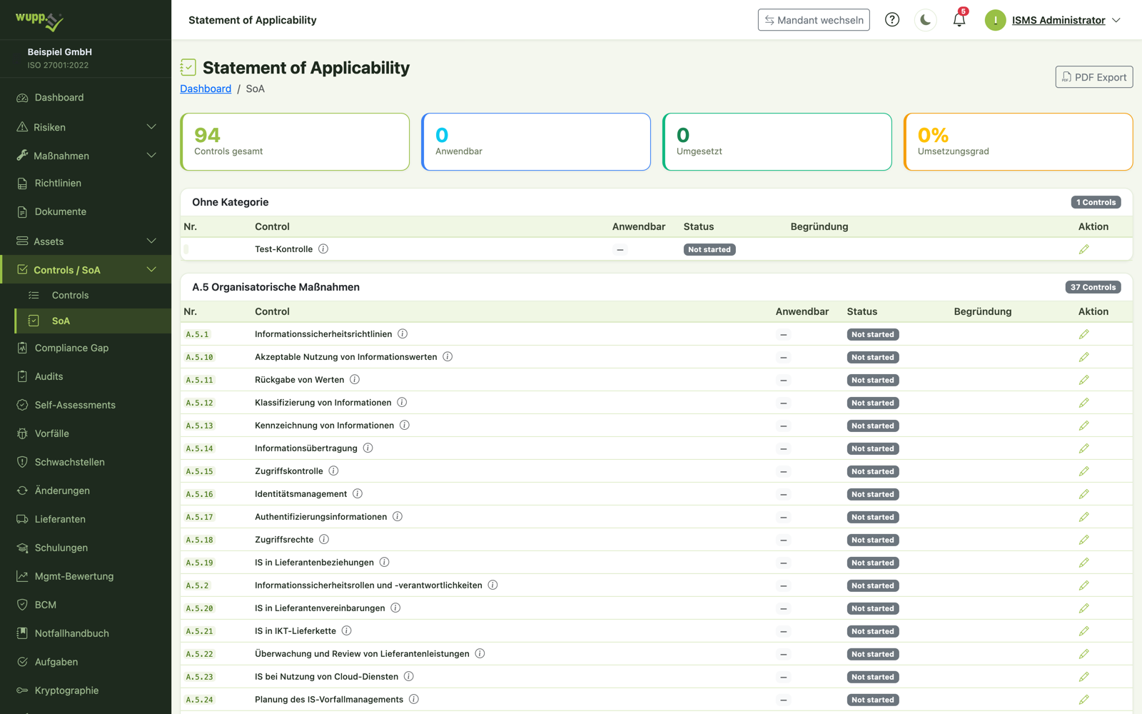 ISMS-Screenshot: Statement of Applicability (SoA)